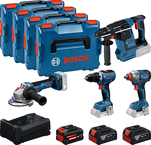 Afbeelding laden in galerijviewer, Bosch blauw accutoolkit 4-toolkit 18v | gsr 18v-65 + gdx 18v-285 + gbh 18v-26 + gws 18v-11 | + 2x gba 18v 5,0ah + 1x exba 18v 5,5ah + lader - 0615a500bj
