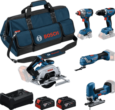 Bosch blauw bosch professional 5-toolkit 18v - gereedschap combiset - gsr 18v-65 - gdx 18v-285 - gks 18v-57-2 - gop 18v-34 - gst 18v-125 s - gba 18v 5.0 ah - gal 12v 18v-80 lader