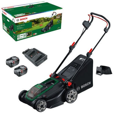 Bosch rotak 18v2-43 - grasmaaier - inclusief 2 x 18v 4.0 ah accu en al 2x18v-88 lader en mulchplug