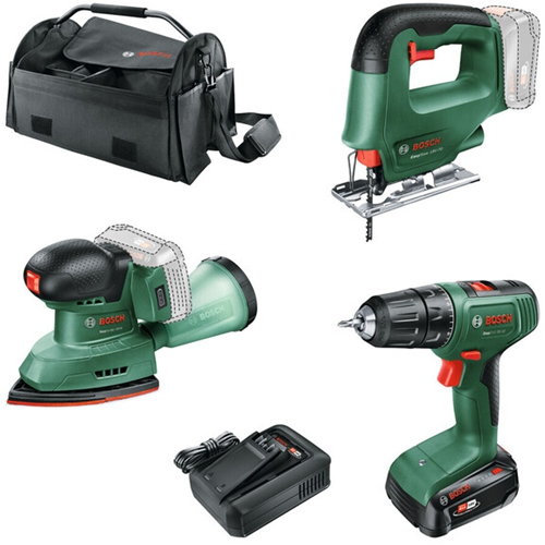 Bosch groen accutoolkit combipack easydrill 18v-40 + easysaw 18v-70 + easysander 18v-8 | inclusief 1x 18v 2,5 ah + lader | in tas - 0615a500aa