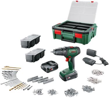 Bosch groen universal drill 18v | accuschroefboormachine | 2 x 1.5 ah accu + lader | incl. accessoires + systembox - 06039d4003