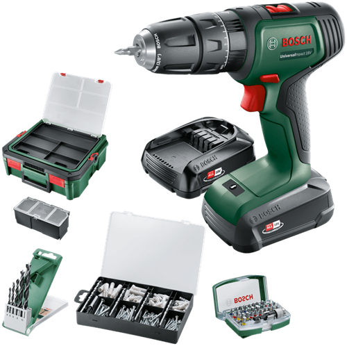 Afbeelding laden in galerijviewer, Bosch groen universalimpact 18v | accuklopboorschroevendraaier | 1.5 ah + 2.5 ah accu + lader | + systembox en accessoires 06039d4107
