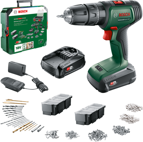 Bosch groen universalimpact 18v | accuklopboorschroevendraaier | 2 x 1.5 ah accu + lader | + systembox 06039d4103