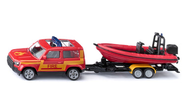 Siku brandweerwagen land rover defender met reddingsboot