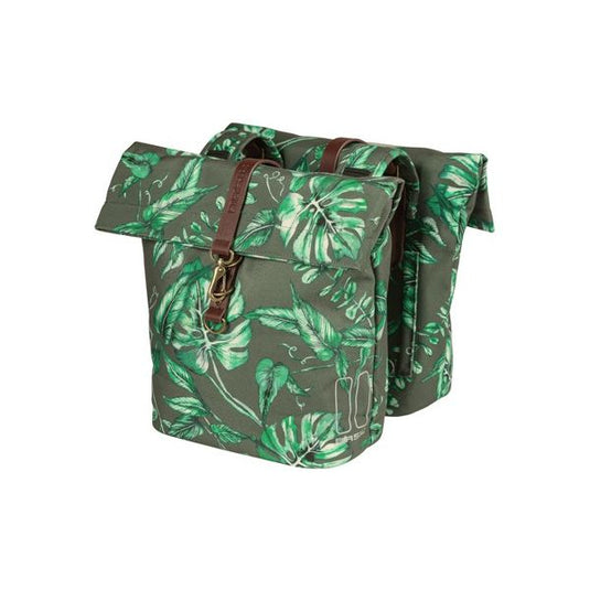 Basil Ever-Green dubbele fietstas, gerecycled PET, waterkerende vouwsluiting, vegan leather, 28-32L, thyme groen