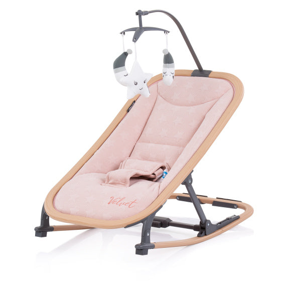 Load image into Gallery viewer, Chipolino velvet opvouwbare wipstoel met mobiel rose water wood roze
