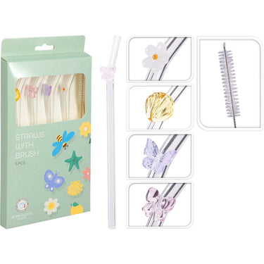Excellent houseware rietjes glas met ornamentje en borstel set van 5 stuks