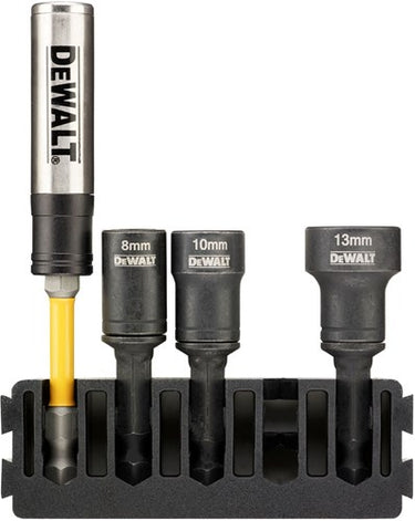 Dewalt accessoires houder + impact magnetische zeskantdoppen (reinigbaar) | 5 stuks | 8 mm, 10 mm, 13 mm + flextorq schroefgeleider - dt70827-qz