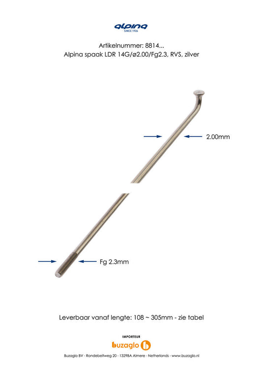 Buzaglo spaken 286-14 alpina ø2.00mm fg 2.3 rvs - zilver (144 stuks) 1