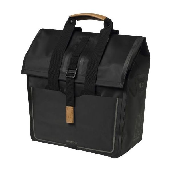 Load image into Gallery viewer, Basil Urban Dry Shopper - waterdichte fietsshopper, vegan leather details, verstelbare sluiting, reflectie, mat zwart
