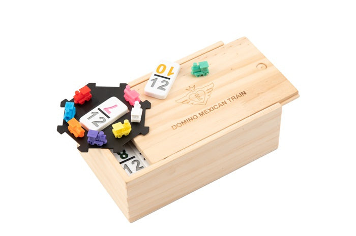 Load image into Gallery viewer, Engelhart Dominospel Mexican train hout naturel wit 101-delig
