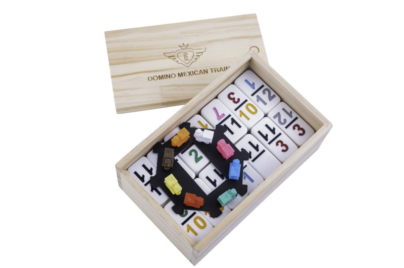 Load image into Gallery viewer, Engelhart Dominospel Mexican train hout naturel wit 101-delig
