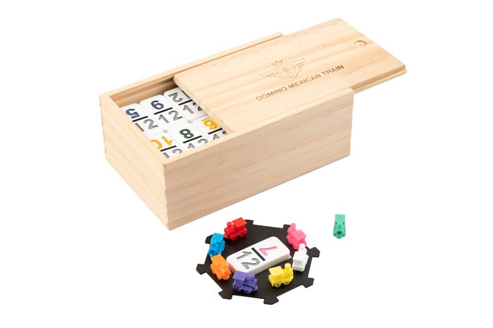 Load image into Gallery viewer, Engelhart Dominospel Mexican train hout naturel wit 101-delig

