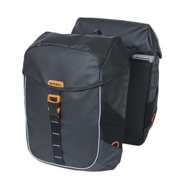 Load image into Gallery viewer, Basil dubbele fietstas miles tarpaulin mik 34 liter 13 x 25 x 37 cm - zwart oranje
