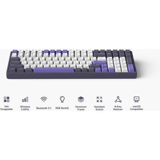 Iqunix f97 lavandin wireless mechanical keyboard (lavendel, us lay-out (qwerty), cherry mx brown, 96%, rgb leds, hot-swappable, pbt, 2.4ghz | bluetooth 5.1 | usb-c)