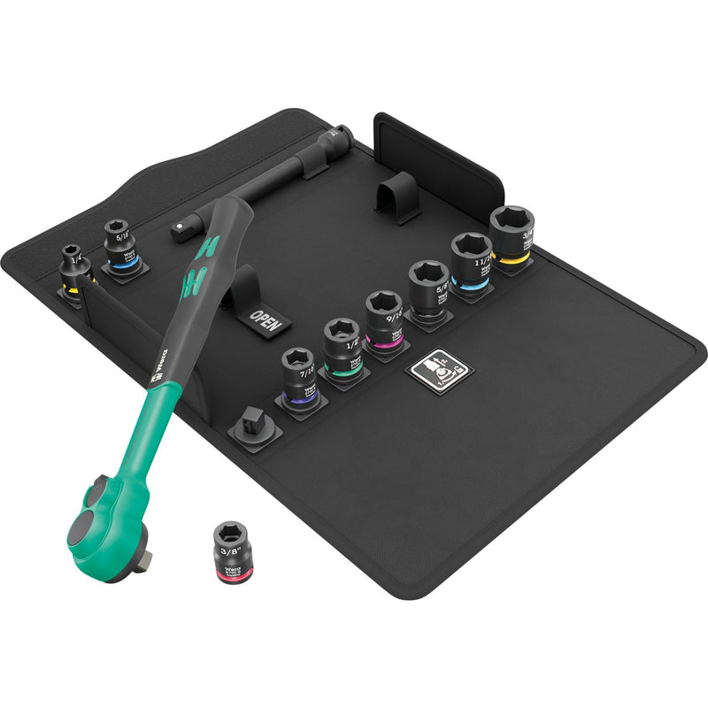 Load image into Gallery viewer, Wera 8100 sb 13 zyklop comfort ratelset gereedschapsset (zwart groen, omschakelpal, 3 8 aandrijving, imperial, 11‑delig)
