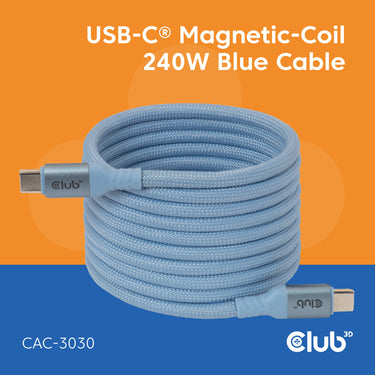 Club 3d usb-c magnetic-coil 240w pd3.1 blue cable, 2 meter kabel (blauw)