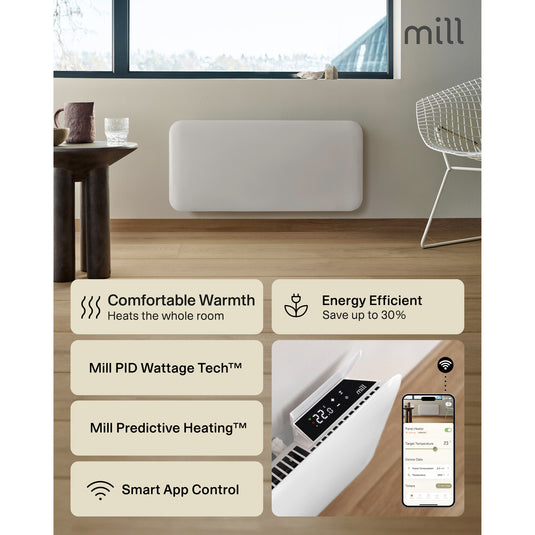 Mill steel wifi paneelverwarming pa1500wifi4a met voet, 1500 watt convector (wit, wifi 2,4 ghz (wifi 6), bluetooth 5.2, zigbee 3.0 + app)