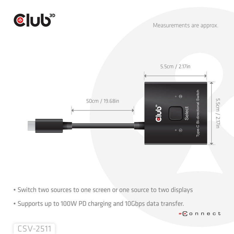 Afbeelding laden in galerijviewer, Club 3d usb-c bi-directional video + data + pd switch usb-switch (zwart)

