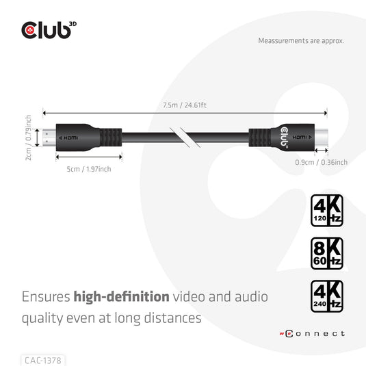 Club 3d ultra high speed hdmi certified kabel (zwart, 7,5 meter, 4k120 hz, 8k60 hz)