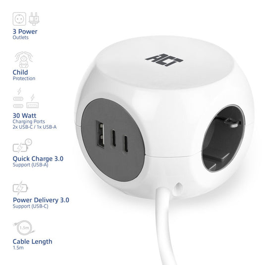 Act connectivity stekkerdoos kubus met 3 stopcontacten, 30w power delivery usb-c a poorten, kabellengte 1,5m stekkerdoos (wit, type f)