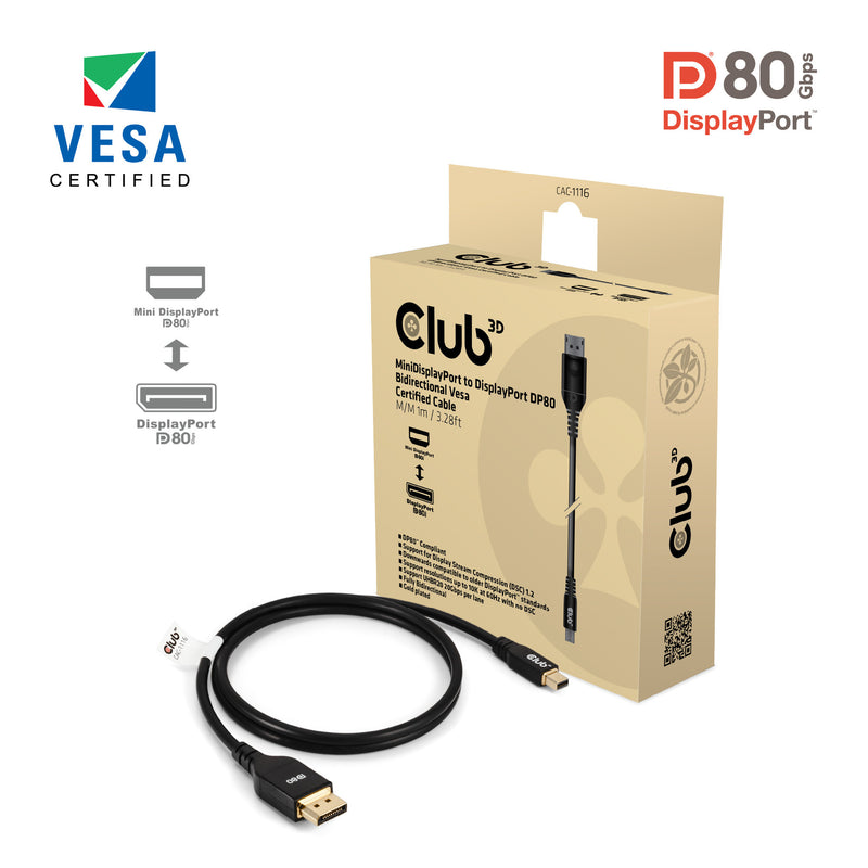 Afbeelding laden in galerijviewer, Club 3d minidisplayport naar displayport dp80 bidirectioneel adapter (zwart, 1 meter, vesa-gecertificeerd)
