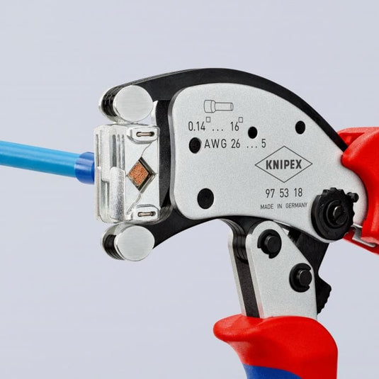 Knipex twistor 16 zelfinstellende krimptang voor adereindhulzen (rood blauw, met draaibare krimpkop)