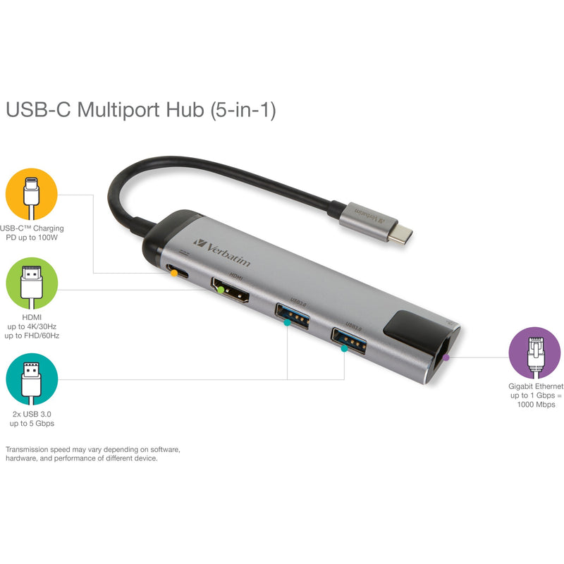 Load image into Gallery viewer, Verbatim usb 3.2 gen 1 multiport hub, usb-c > 2x usb-a + usb-c + hdmi + rj-45 usb-hub (zilver zwart, pd, opladen tot 100 watt)
