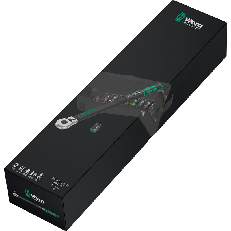 Load image into Gallery viewer, Wera click-torque c 3 set 2, 1 2 draaimomentsleutel (zwart groen, 11-delig, met omkeerbare ratel)
