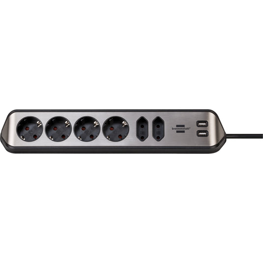 Brennenstuhl ®estilo hoekaansluitdoosstrook met usb laadfunctie 6-weg 4x b eschermend contactdoos 2x euro zilver zwart