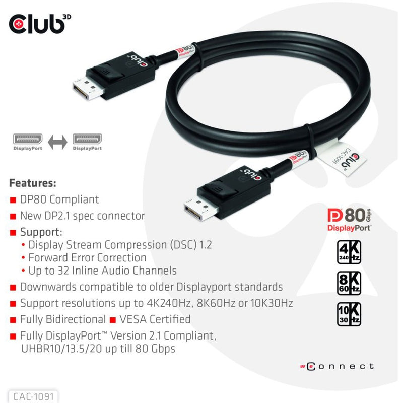 Load image into Gallery viewer, Club 3d gecertificeerde displayport 2.1 kabel (zwart, 1,2 meter, 8k)

