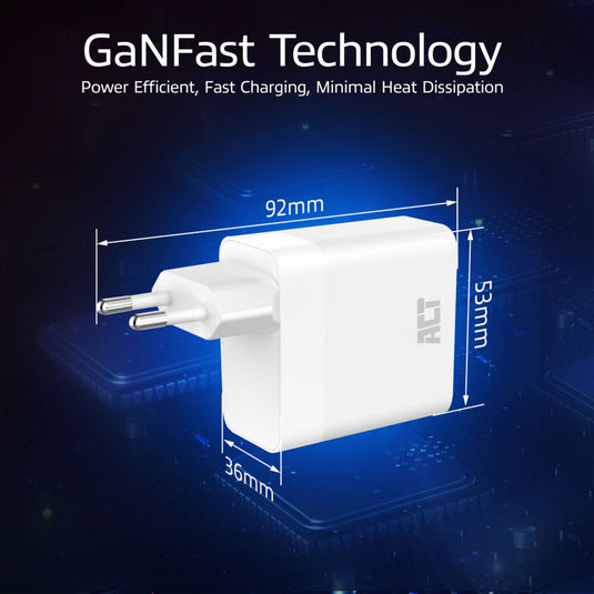 Act connectivity usb-c usb-a lader 65w 3-poorts met power delivery pps, quickcharge en ganfast (wit)