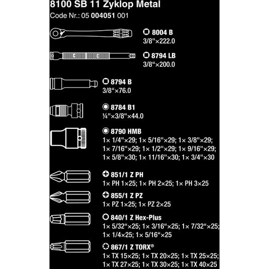 Wera 8100 sb 11 zyklop metalen ratelset, 3 8 gereedschapsset (zwart groen, 29-delig, volledig metalen ratel met vierkantaandrijving)