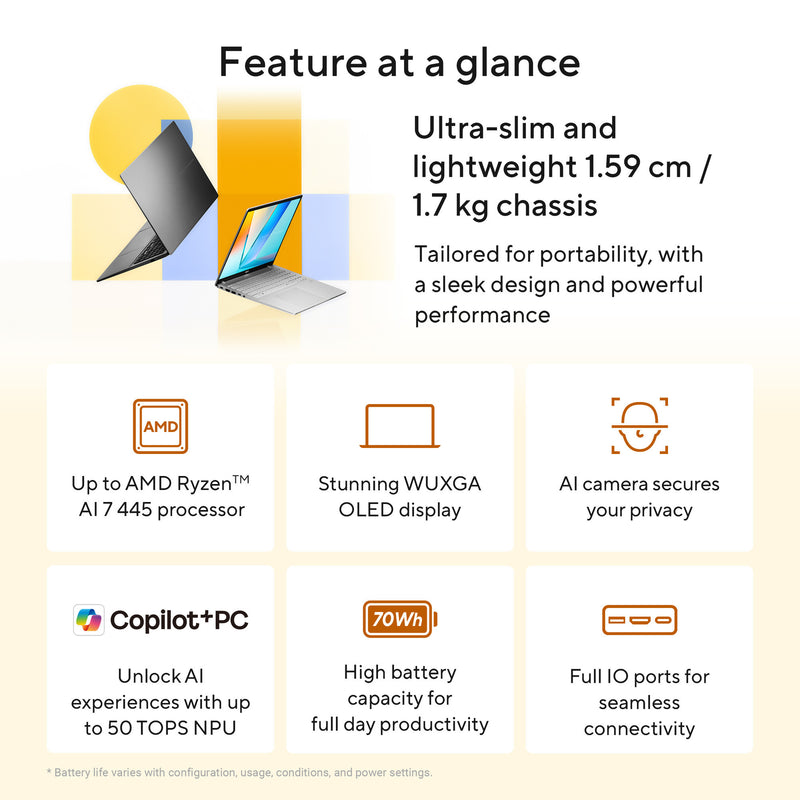 Load image into Gallery viewer, Asus vivobook s16 m3607ga-sh004w 16 copilot+ laptop (grijs | ryzen ai 7 445 | radeon 840m | 32 gb | 1 tb ssd | oled)

