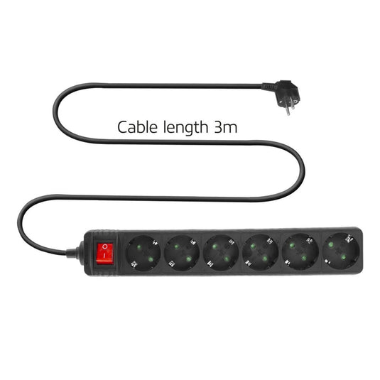 Act connectivity stekkerdoos met lichtgevende schakelaar, 6 sockets, 3 m, zwart stekkerdoos (zwart)
