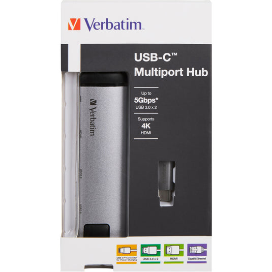 Verbatim usb 3.2 gen 1 multiport hub, usb-c > 2x usb-a + usb-c + hdmi + rj-45 usb-hub (zilver zwart, pd, opladen tot 100 watt)