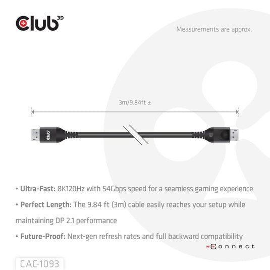 Club 3d displayport 2.1 vesa dp54 gecertificeerde kabel male-male (zwart, 3 meter, 4k 240hz, 8k 120hz, 54gbps)