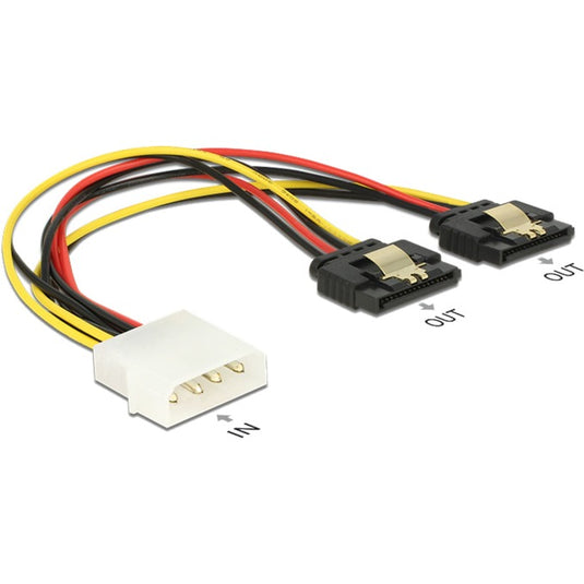 Delock power molex 4-pin male naar 2x sata 15-pin splitterkabel (zwart rood, 0,2 meter)