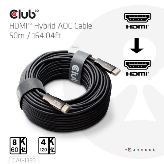 Club 3d hdmi hybrid aoc kabel 8k60hz 4k120hz 50m (zwart)