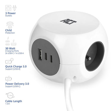 Act connectivity act stekkerdoos kubus met 3 stopcontacten, 30w power delivery usb-c a poorten, kabellengte 1,5m ac2425