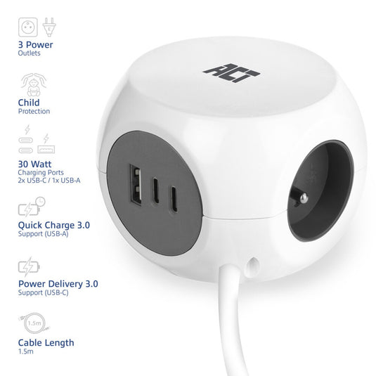 Act connectivity stekkerdoos kubus met 3 stopcontacten, 30w power delivery usb-c a poorten, kabellengte 1,5m stekkerdoos (wit, type e)