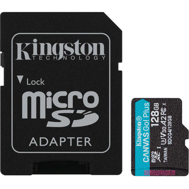 Kingston canvas go! plus microsdxc 128 gb geheugenkaart (zwart, incl. adapter, class 10, uhs-i u3, v30, a2)
