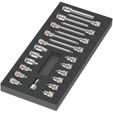 Wera 9723 schuimrubberen inzetstuk met zyklop b 3 8 bitdoppen set 1, 22‑delig gereedschapsset (zwart grijs, in schuiminzet voor werkplaatswagen)