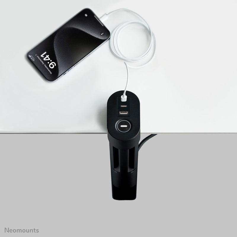 Load image into Gallery viewer, Neomounts ds22-840bl6 bureaucontactdoos met klem en usb-c en usb-a poorten - quick-charge stekkerdoos (zwart)
