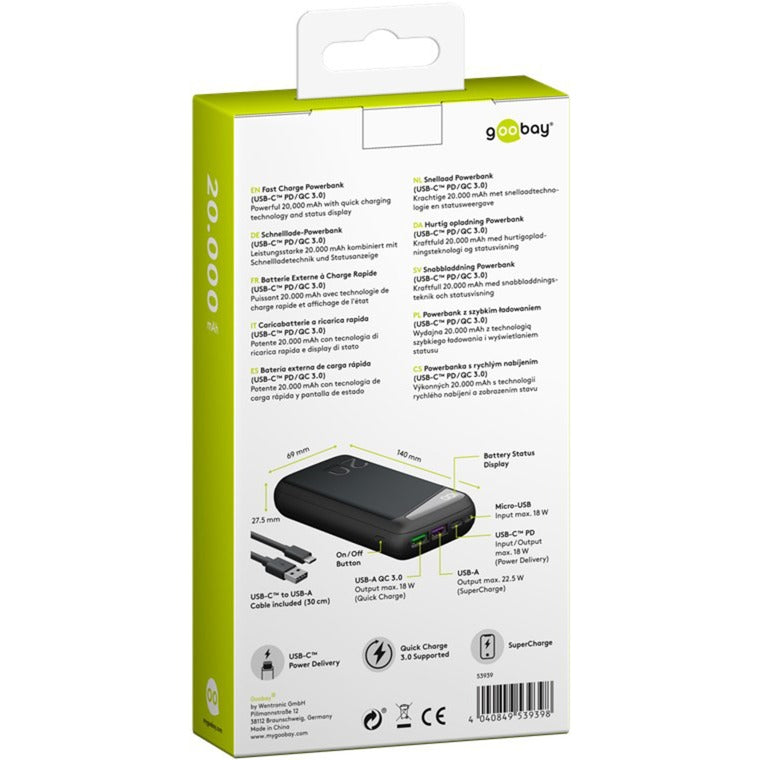 Load image into Gallery viewer, Goobay quick charge powerbank 20.000 mah - 74 wh (zwart, usb-c pd, qc 3.0)
