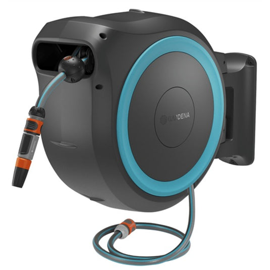 Gardena 40 m wand-slangenbox powerroll xxl slanghaspel (grijs turquoise, 40 meter, accu en oplader niet inbegrepen, power for all alliance, )