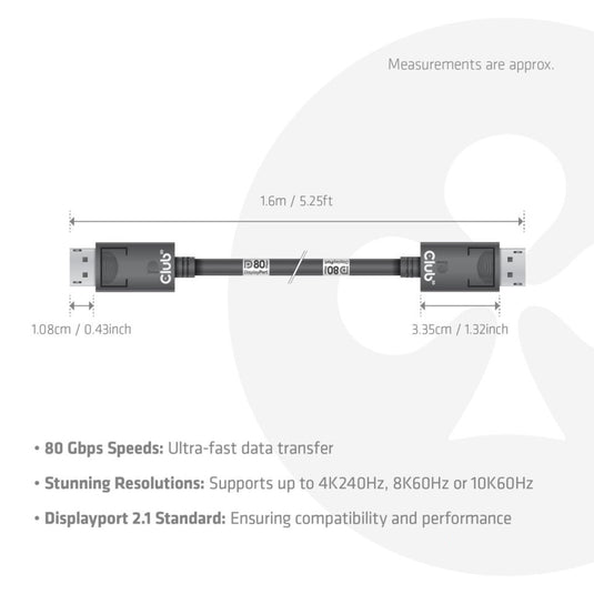 Club 3d displayport 2.1 vesa dp80 gecertificeerde kabel male-male (zwart, 1,6 meter, 8k 240hz, 10k 60hz, 80gbps)