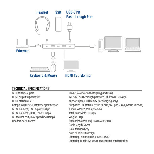 Act connectivity usb-c 4k 8k 60hz dockingstation (grijs)