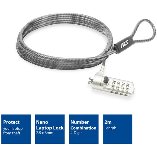 Act connectivity nano laptopslot met cijfercode diefstalbeveiliging (grijs, 2 meter)