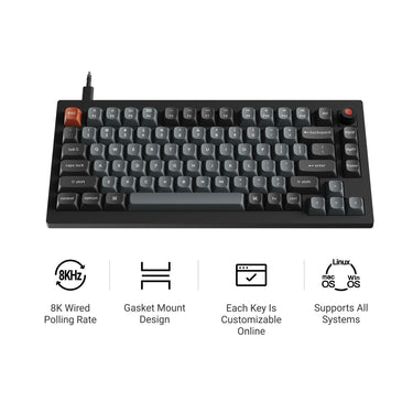 Keychron v1w-d4 8k qmk wired custom mechanical keyboard (zwart, us lay-out (qwerty), super banana, 75%, rgb leds, double-shot pbt, hot swap, 8k, knop)